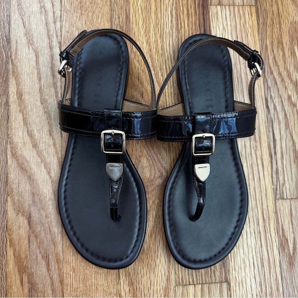 Coach Cassidy Buckle Brown Patent Leather Sandals Women’s Size 7 - Picture 3 of 11